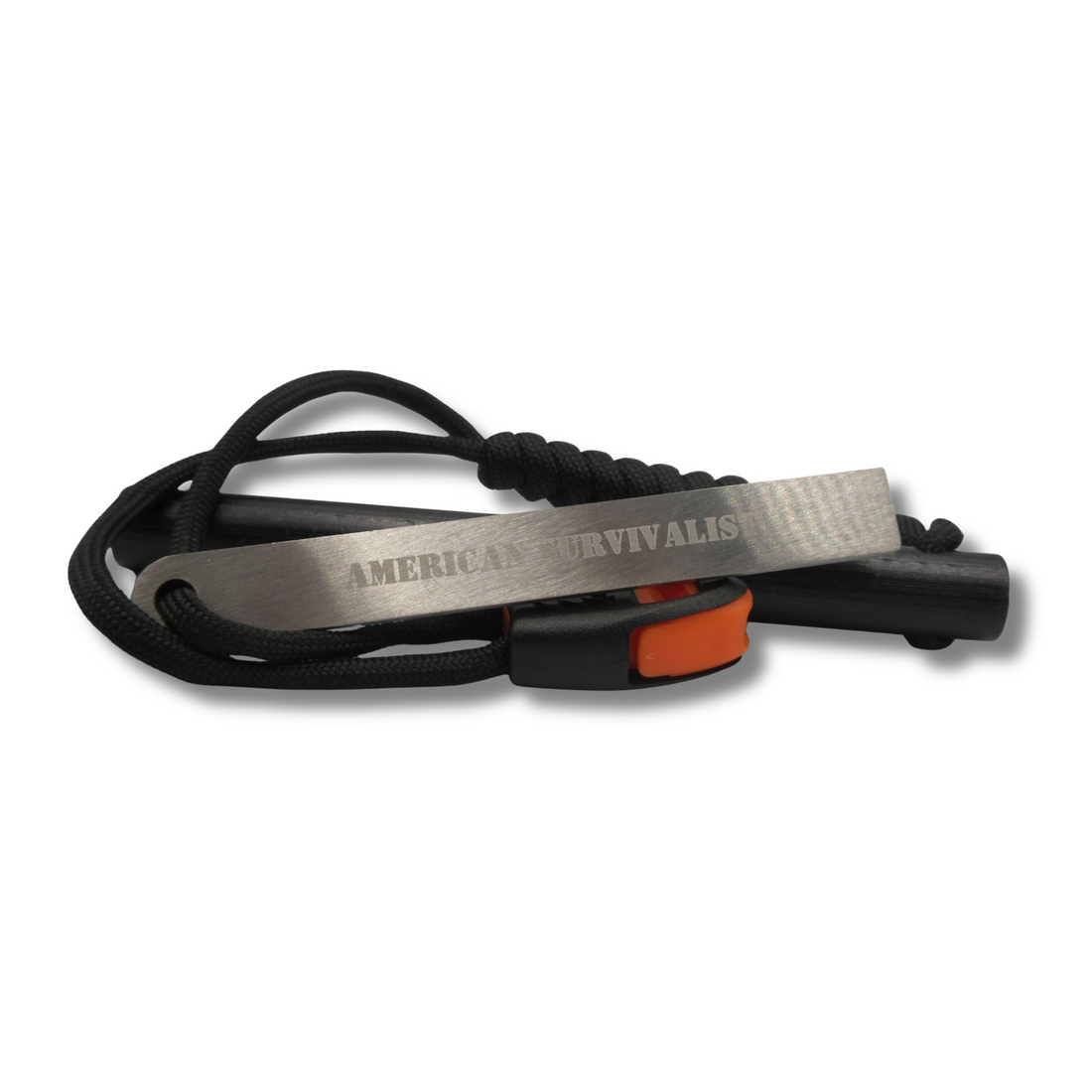 American Survivalist Large Ferro Rod in Black with hardened steel striker and paracord lanyard with orange survival whistle on a clean white background