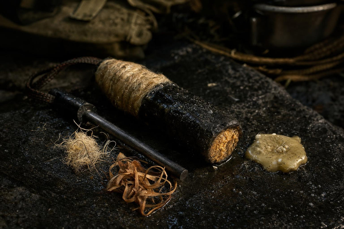 Waterproof diy fire starter with ferro rod, waxed jute, and fatwood curls on wet stone