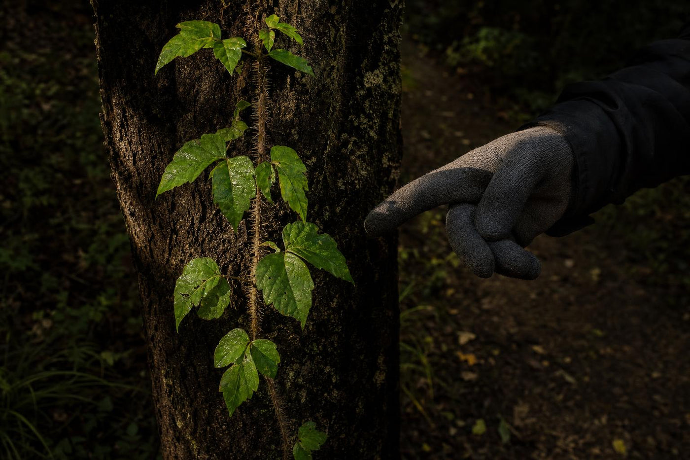 gloved hiker identifying hairy poison ivy vine on tree before hiking