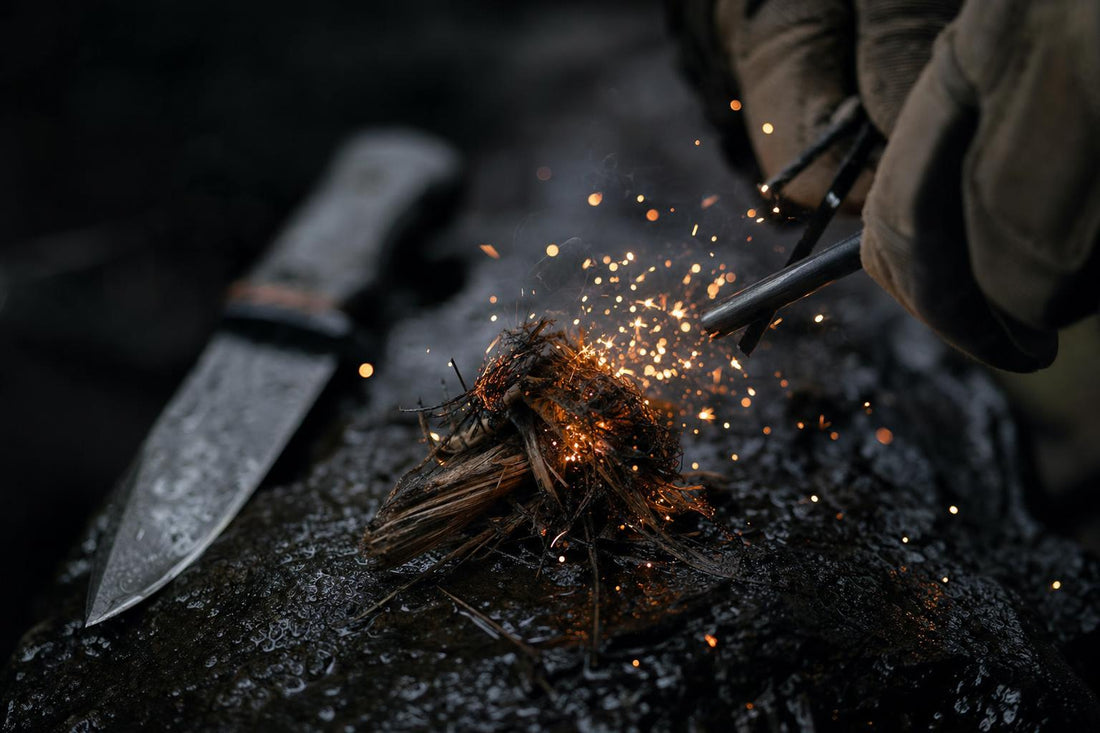 ferro rod fire starter sparking into tinder in wet survival conditions