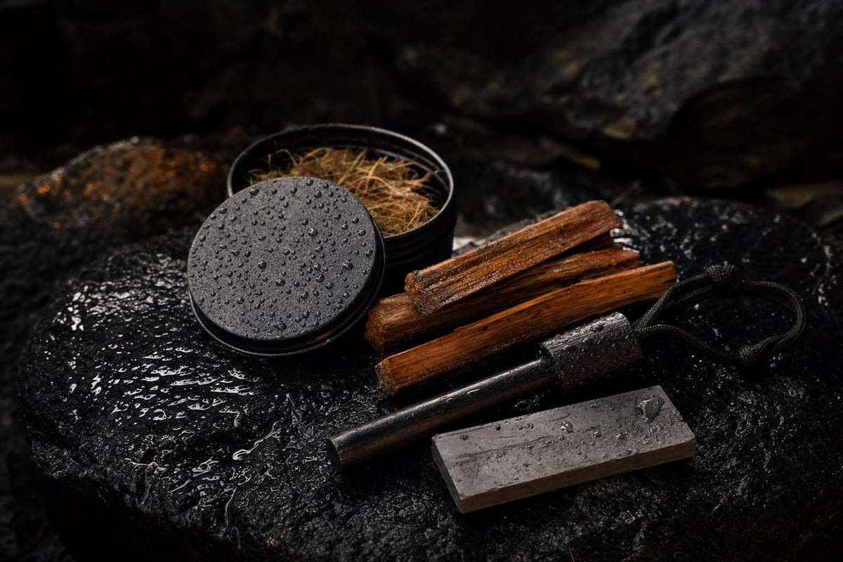 waterproof fire starter survival kit with ferro rod fatwood and sealed tinder