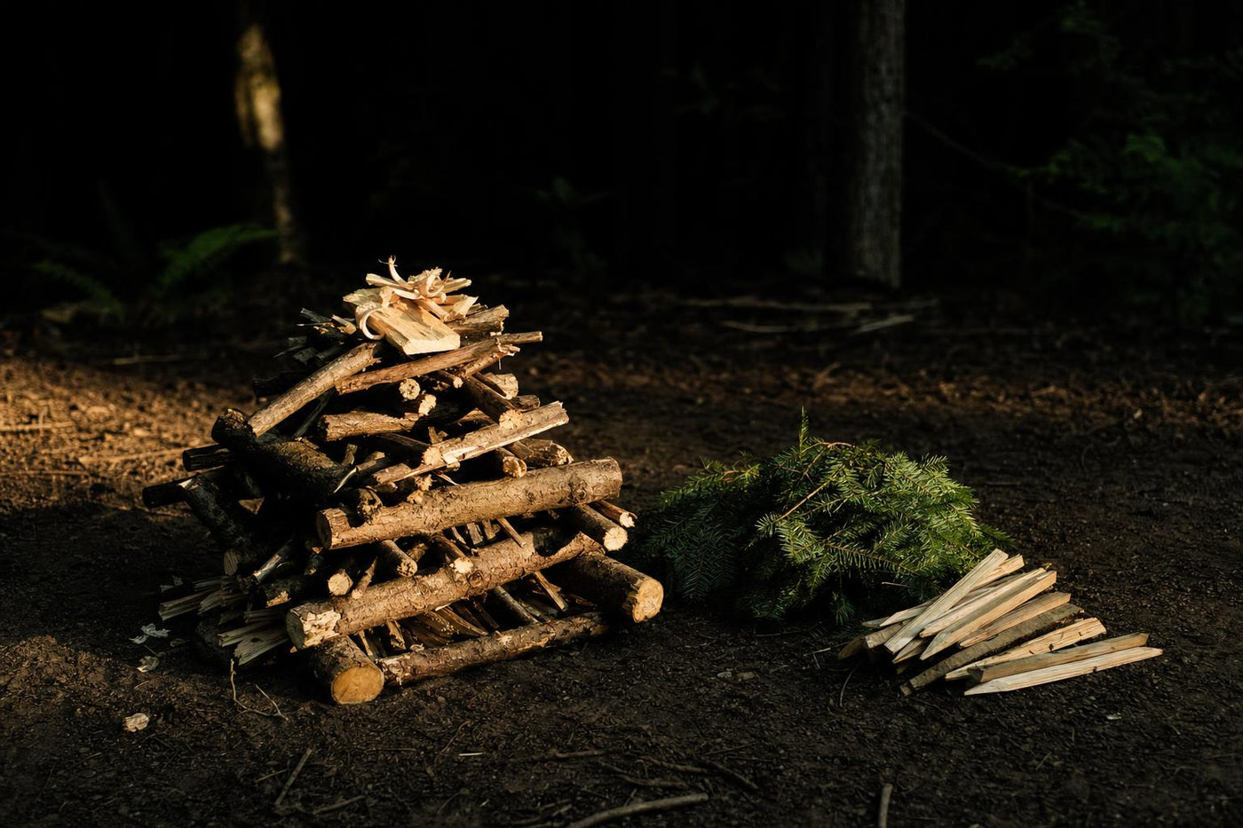 staged signal fire for wilderness rescue in a forest clearing