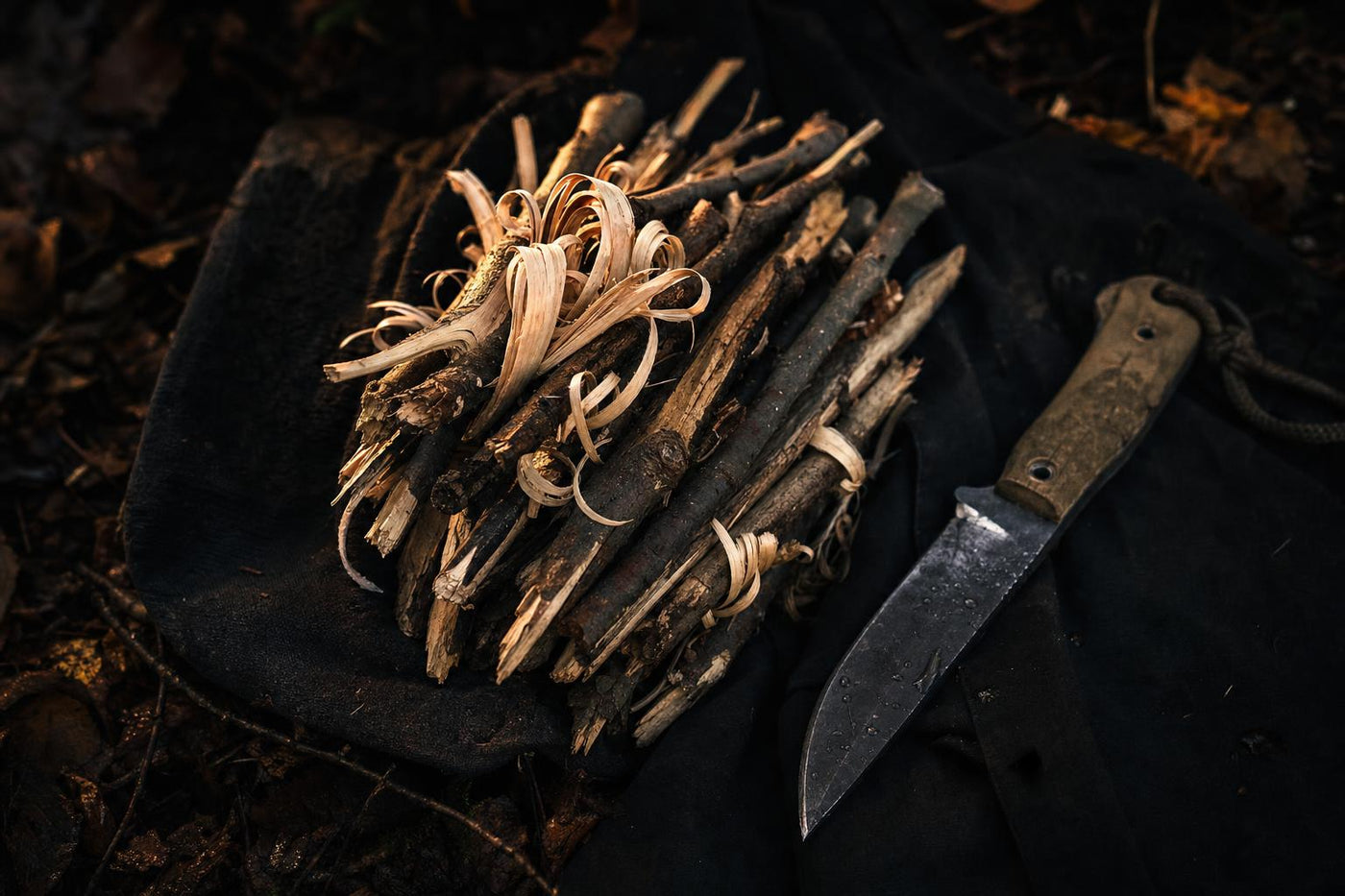 sorted dry kindling bundle for survival fire starting