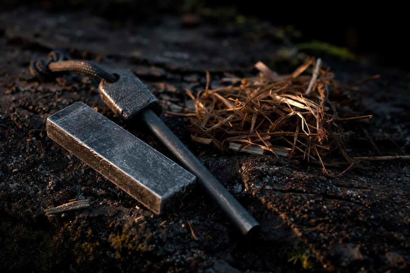 magnesium fire starter block with ferro rod and dry tinder in dark survival setting