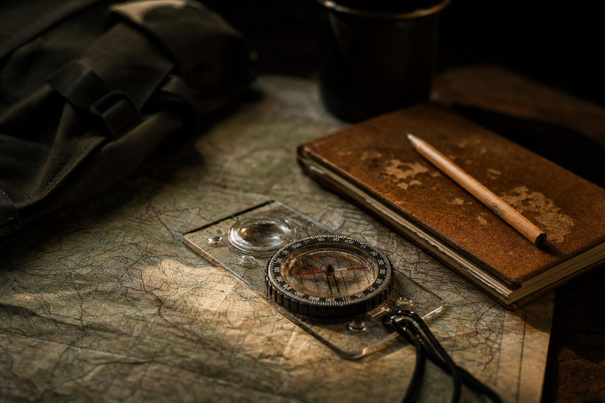 baseplate compass on topographic map for wilderness survival navigation
