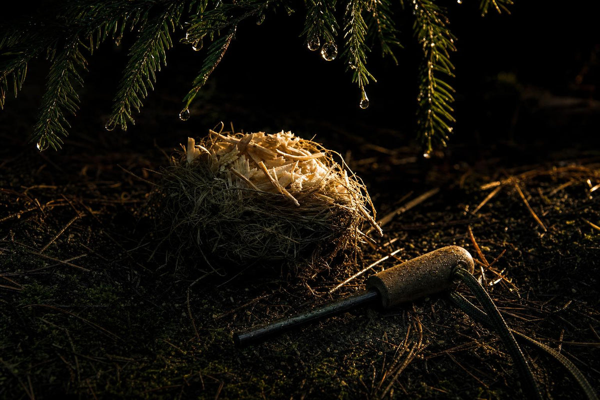 prepared fire lay for making a fire in the rain with ferro rod and dry shavings