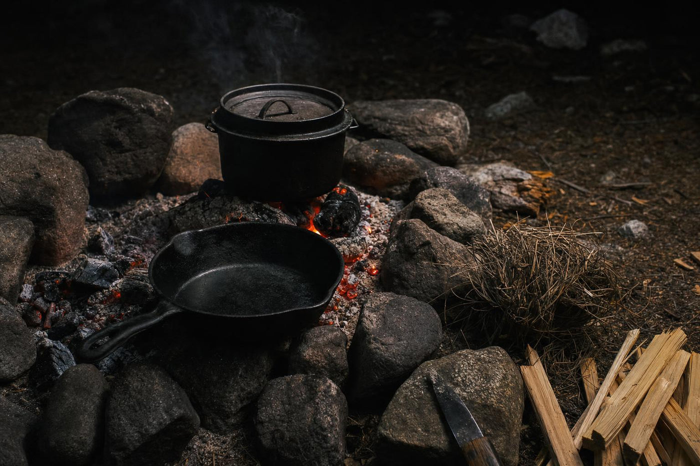 campfire cooking skillet and steel pot over glowing coals