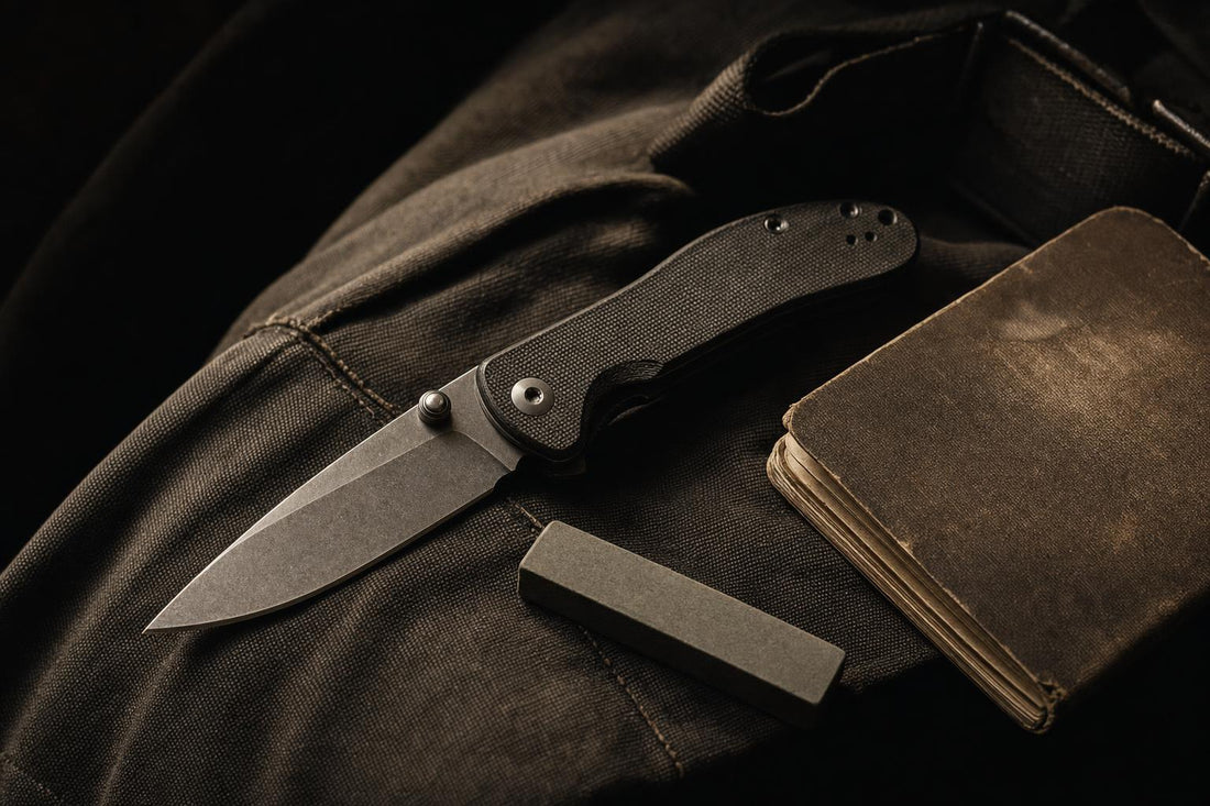 best EDC knife for survival on dark canvas with sharpening stone
