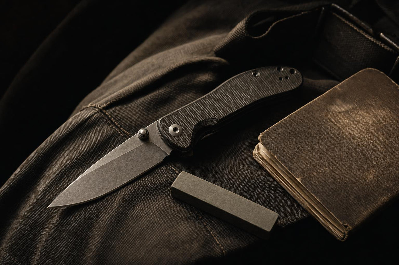 best EDC knife for survival on dark canvas with sharpening stone