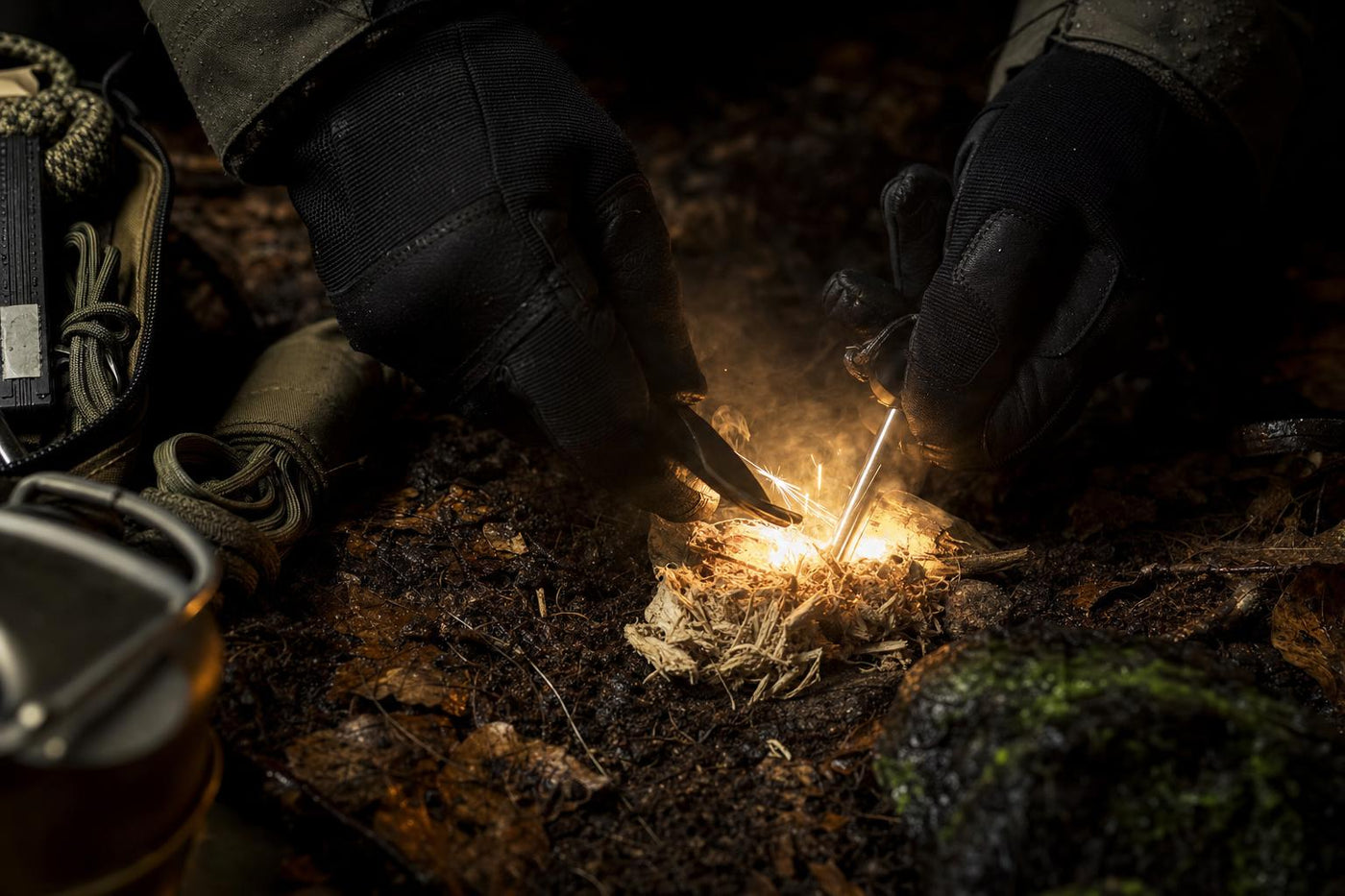 ferro rod sparks hitting fatwood tinder for starting a fire without matches