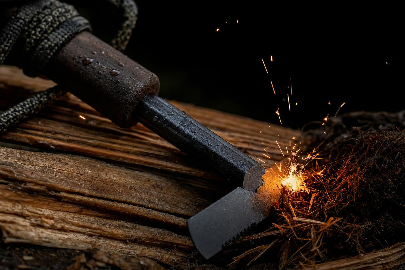 large ferro rod and striker beside prepared tinder and split kindling