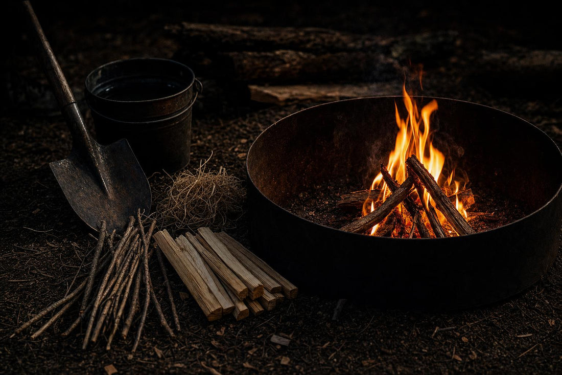 properly staged campfire lay with tinder kindling water and shovel
