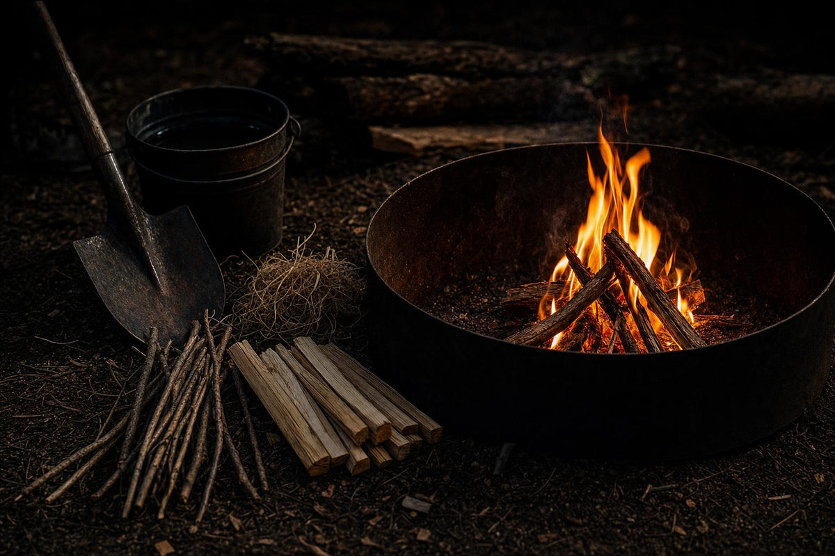 properly staged campfire lay with tinder kindling water and shovel