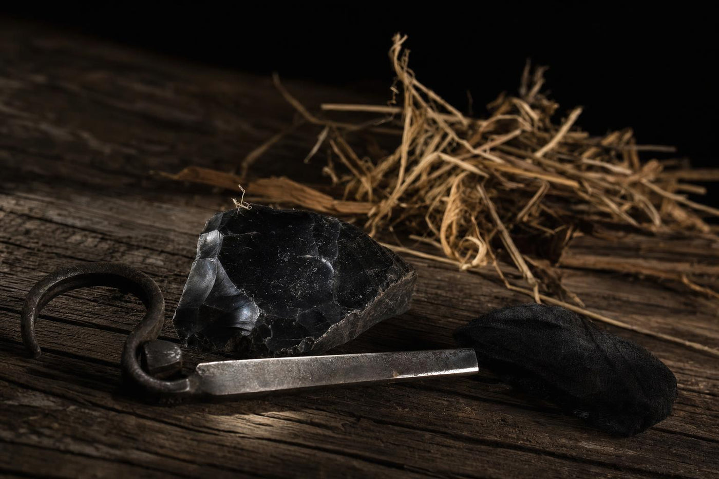 flint and steel fire kit with char cloth and natural tinder bundle