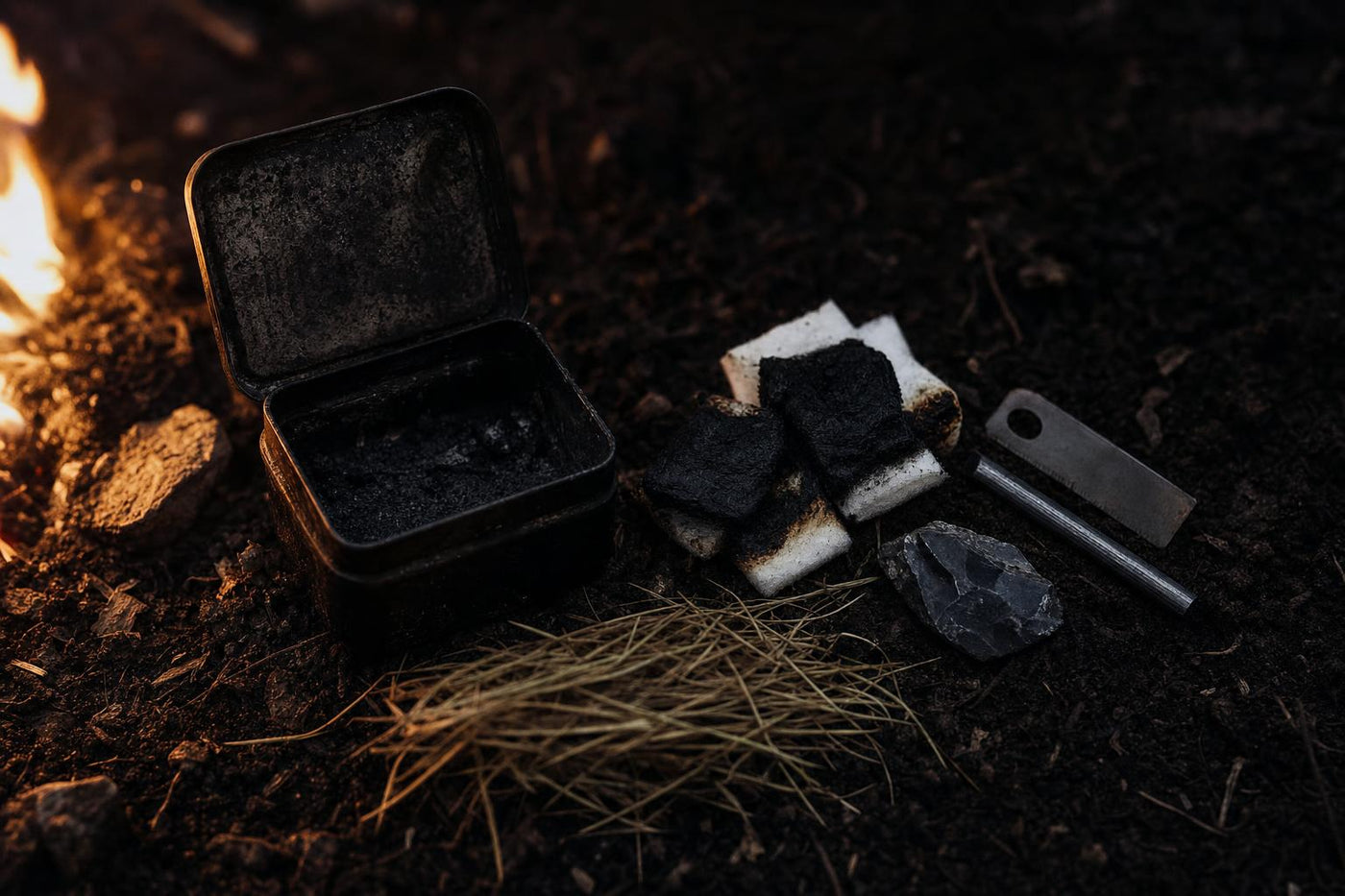 char cloth fire starter tin with flint and steel