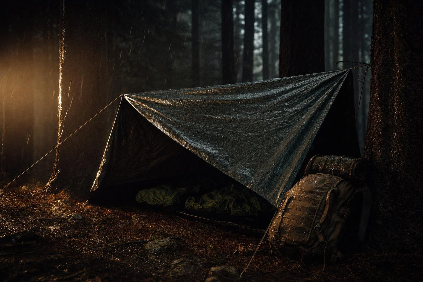 compact survival shelter in rainy forest built for wind and cold