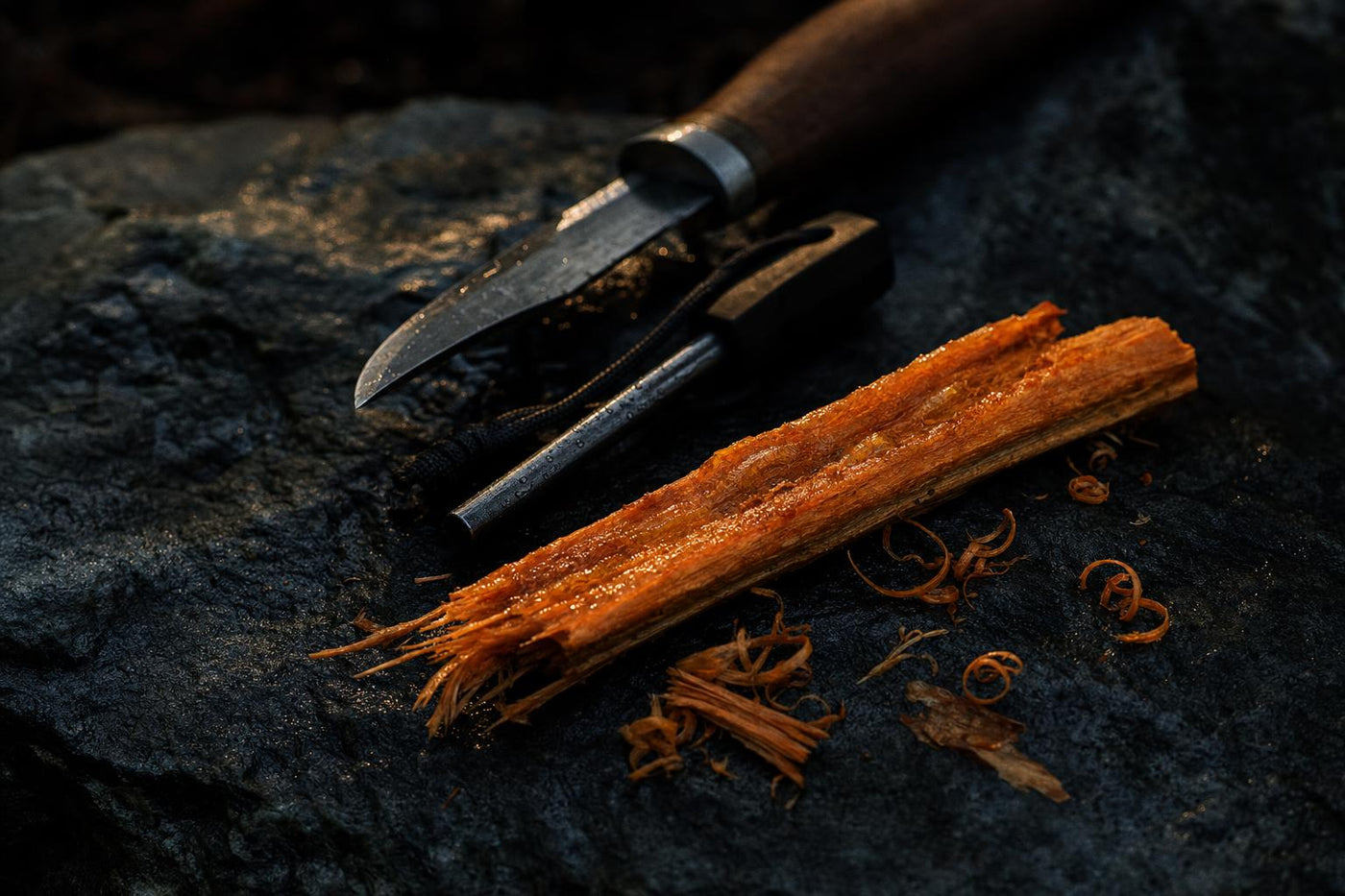 Resin-rich fatwood fire starter with knife and ferro rod on wet dark stone