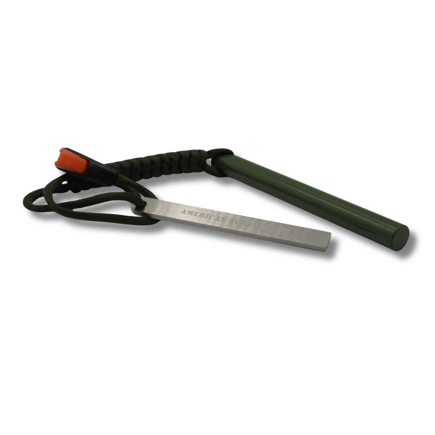 American Survivalist Large Ferro Rod in OD Green with hardened steel striker and paracord lanyard with survival whistle on a clean white background