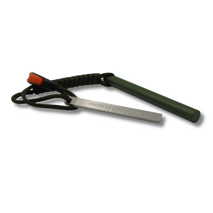 American Survivalist Large Ferro Rod in OD Green with hardened steel striker and paracord lanyard with survival whistle on a clean white background