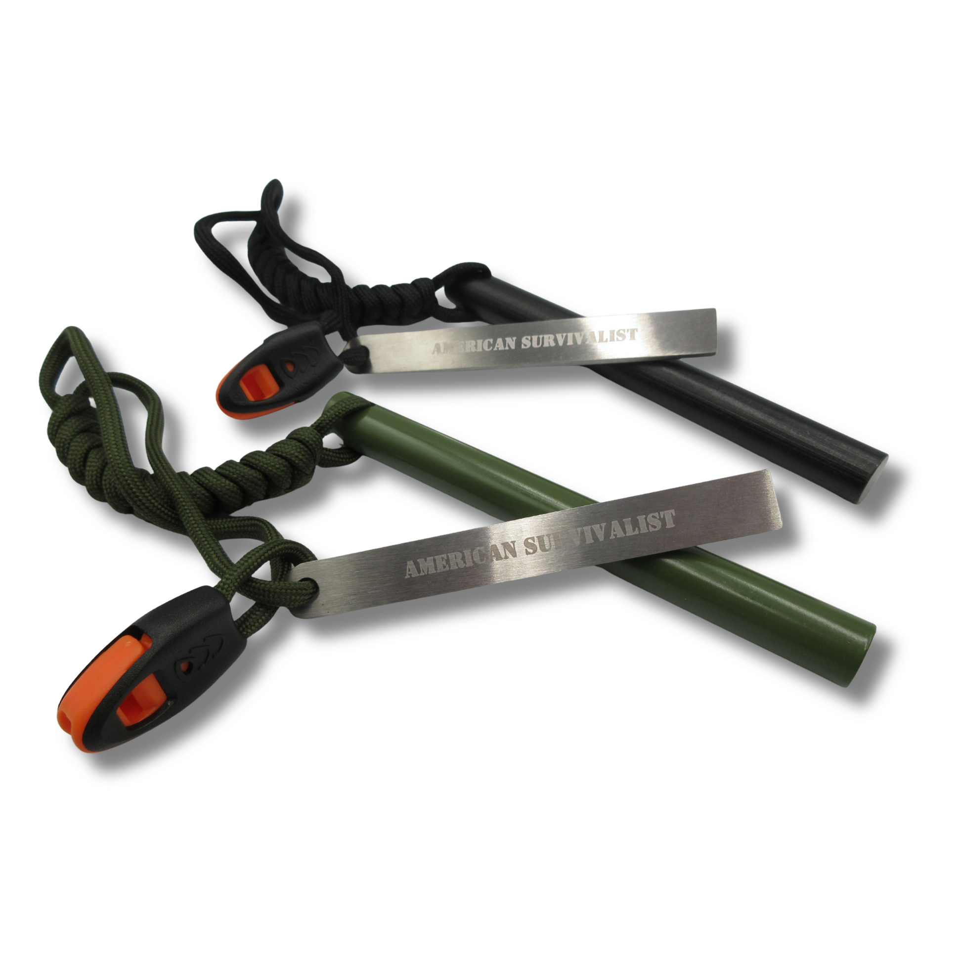 American Survivalist ferro rod in both colorways, Black and OD Green, with hardened steel strikers, on a clean white background