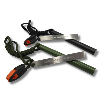 American Survivalist ferro rod in both colorways, Black and OD Green, with hardened steel strikers, on a clean white background