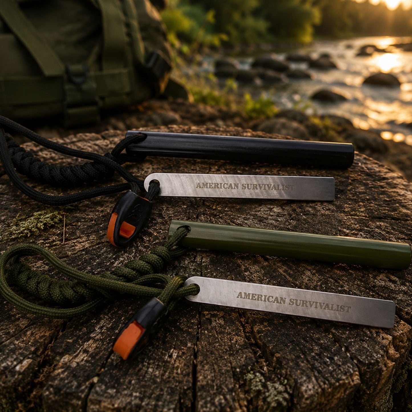 American Survivalist ferro rods in Black and OD Green resting on a log beside a tactical backpack at a riverside camp at golden hour