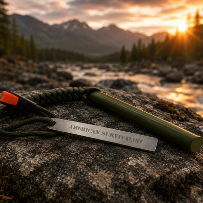American Survivalist OD Green ferro rod and striker on a rock beside a mountain river at sunset