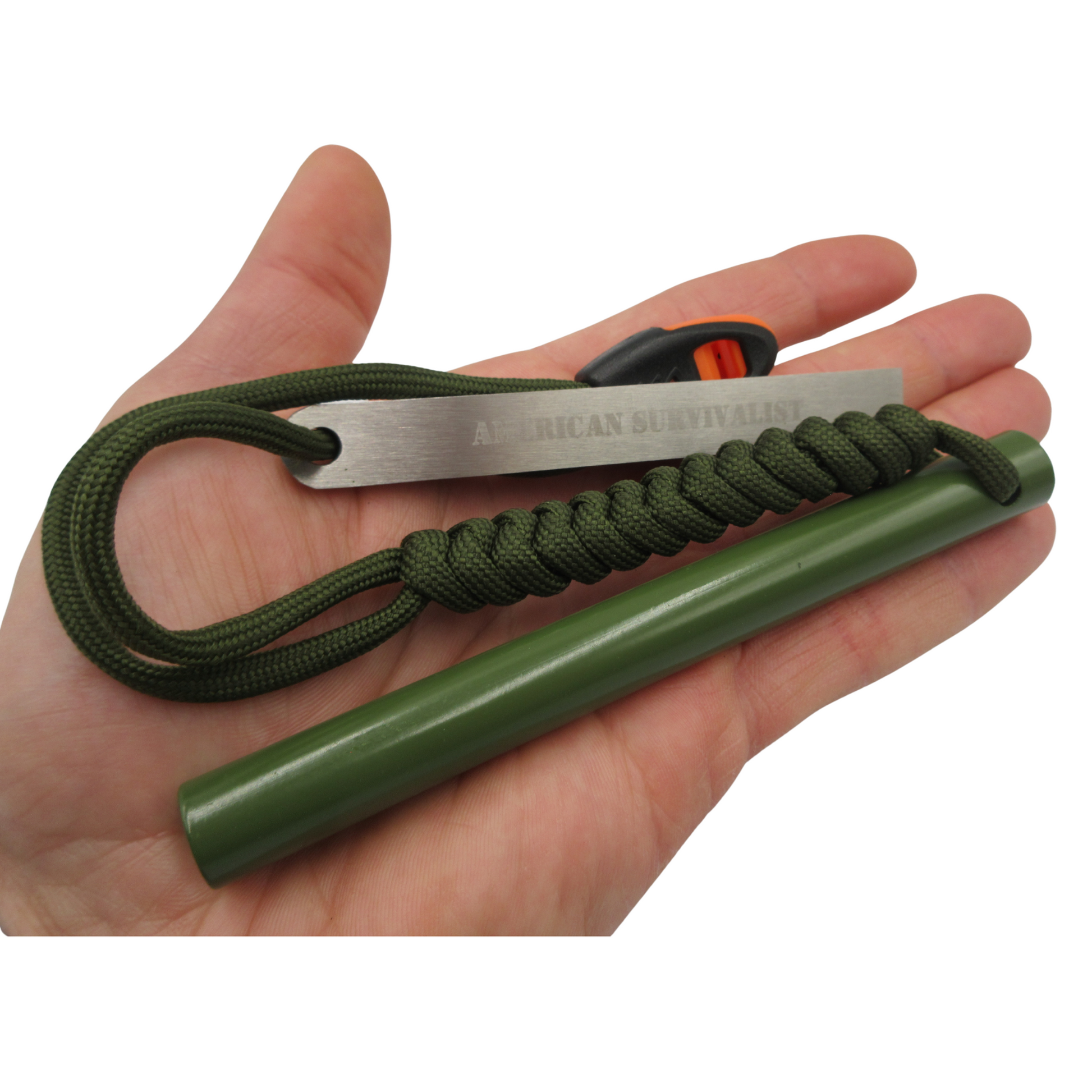 OD Green American Survivalist ferro rod and striker held in a hand to show its compact carry size