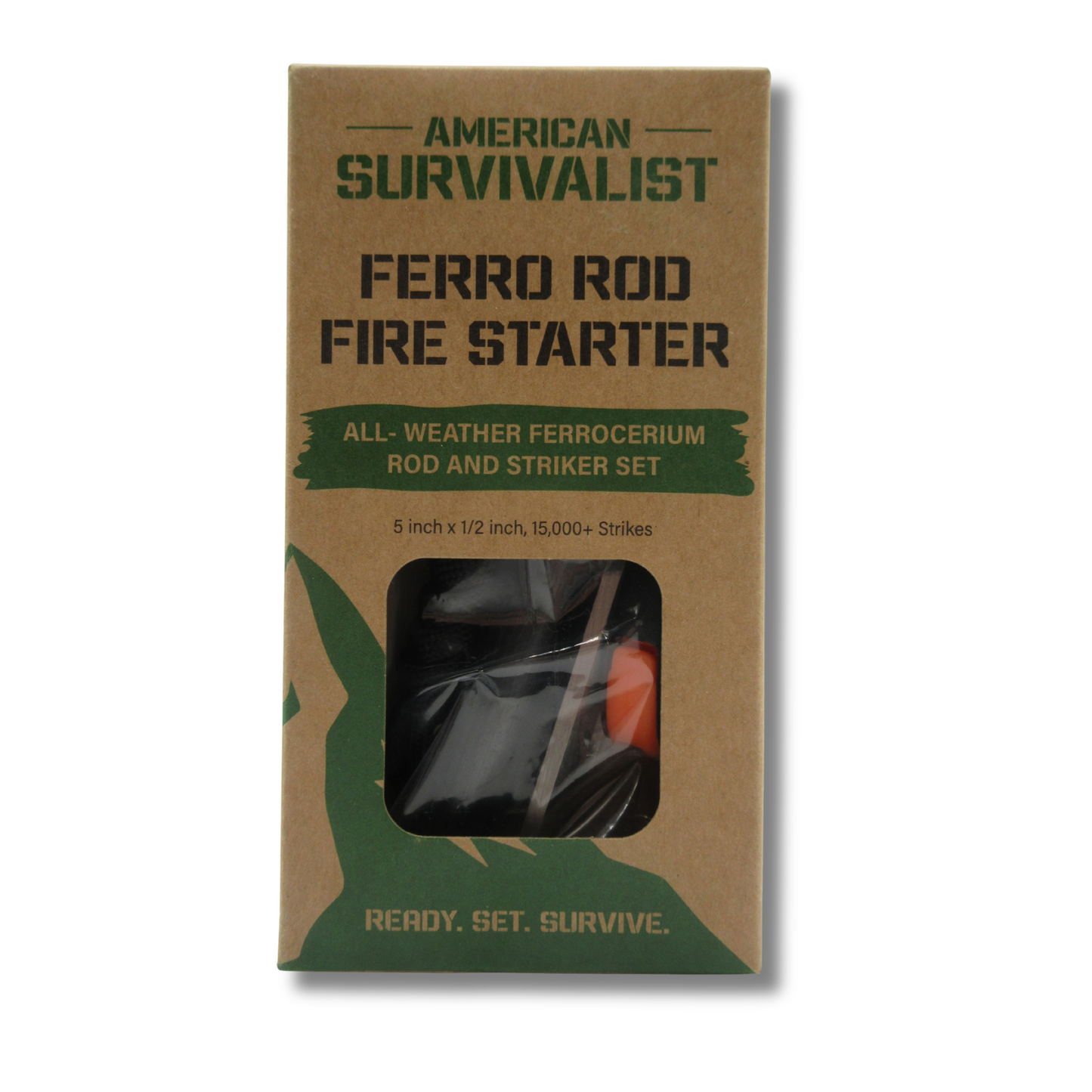 American Survivalist Ferro Rod Fire Starter retail box front, all-weather ferrocerium rod and striker set, 5 inch by half inch, 15,000 plus strikes
