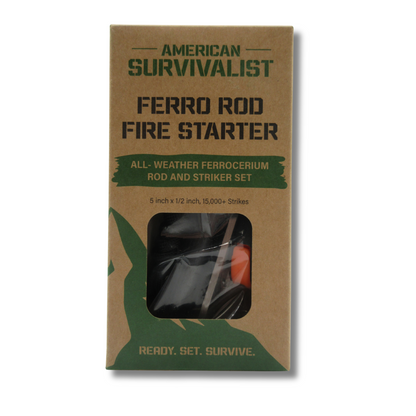 American Survivalist Ferro Rod Fire Starter retail box front, all-weather ferrocerium rod and striker set, 5 inch by half inch, 15,000 plus strikes