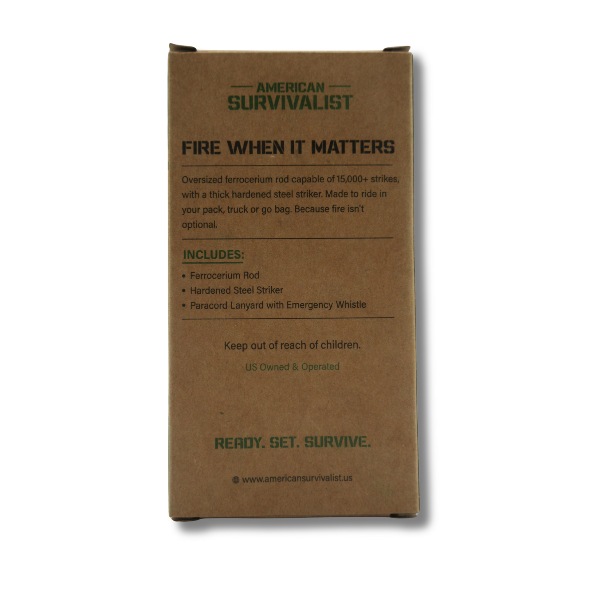 American Survivalist Ferro Rod packaging back, Fire When It Matters, kit includes ferrocerium rod, hardened steel striker, and paracord lanyard with emergency whistle